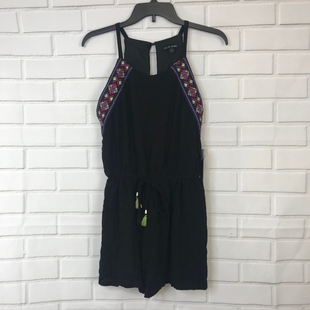 As U Wish Black Romper Aztec Trim Front Tie Tassel